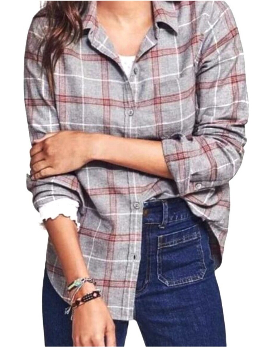 Faherty Malibu Shirt Organic Cotton Plaid Gray Red Button Down Women's Medium